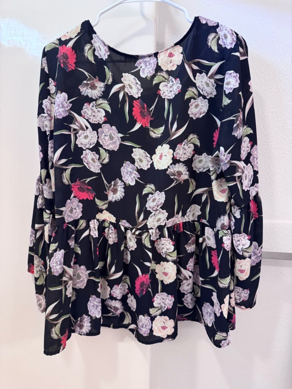 Downeast Floral Peplum Long-Sleeve Top - Black with Pink & Red Blooms - Picture 4 of 4